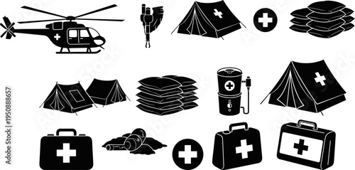 Humanitarian Aid and Emergency Medical Response Icon Set Featuring Rescue Helicopters Medical Tents First Aid Kits Sandbag Barricades and Relief Supplies for Crisis Management