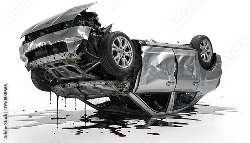 overturned luxury car after accident in snowy urban disaster scene black and white