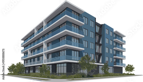 Modern apartment building architectural vector illustration featuring contemporary blue glass balconies, urban residential housing design, and city living exterior isolated on white background