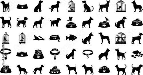 Pet Care and Domestic Animal Icon Set Featuring Dog Silhouettes Bird Cages Fish Bowls Pet Food Bowls Collars and Animal Welfare Symbols for Veterinary Design