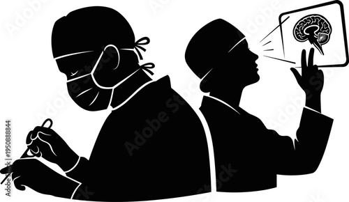 Professional Neurosurgeon Silhouette Performing Surgery While Colleague Examines Brain MRI Scan For Neurological Diagnosis Medical Research Healthcare Innovation And Complex Hospital 
