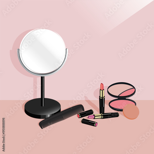 Makeup Cosmetics and Beauty Accessories Collection, Flat Vector Illustration of Mirror, Lipsticks, Powder and Comb on Pink Background, Feminine Vanity Table Concept