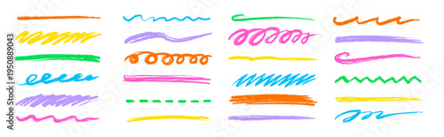 Line color brush crayon set. Underline brush crayon hand drawn pencil pen stroke marker color..Kid children doodle scribble wavy squiggle highlight texture grunge background. Vector illustration.