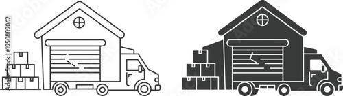 Moving Truck with House Shape and Cargo Boxes Icon Set for Logistics, Delivery Services, Relocation Industry, and Home Transport Solutions