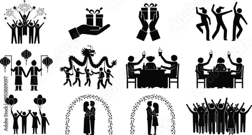 Celebration and party silhouette icon set with people dancing, fireworks, gift giving, festival lanterns, dinner toast and couples romance, festive event collection vector illustration