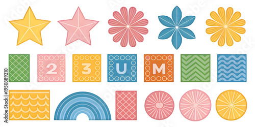 A collection of colorful flat vector shapes including stars, flowers, patterned squares and arcs