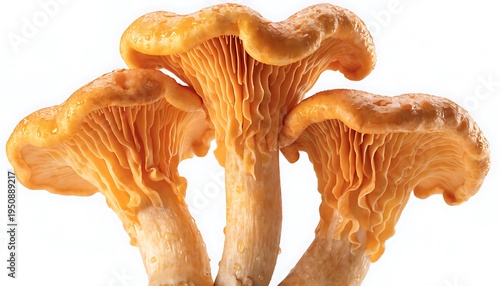 Cluster of fresh golden chanterelle mushrooms isolated on white background