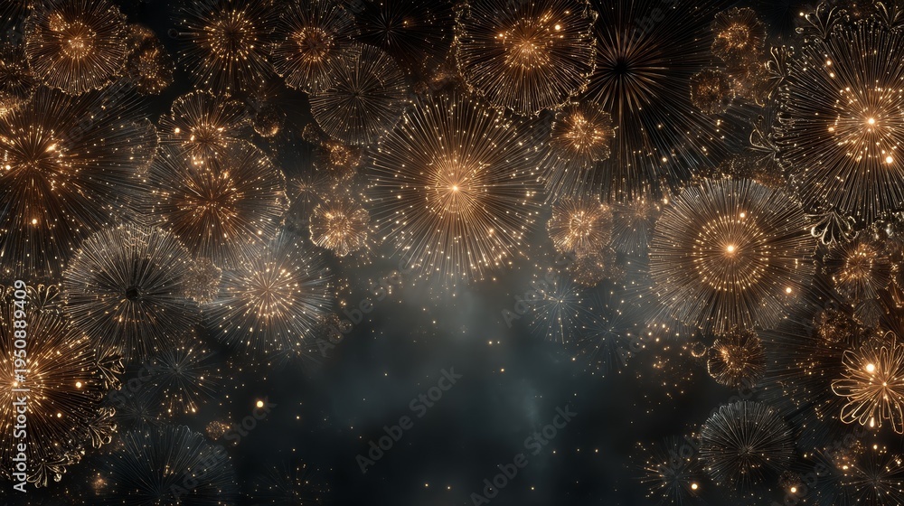Fototapeta premium Luxurious festive background with golden fireworks, sparkling champagne bubbles, rich velvet and ornate gold patterns, soft spotlight glow, symmetrical design, elegant high-end celebration atmosphere