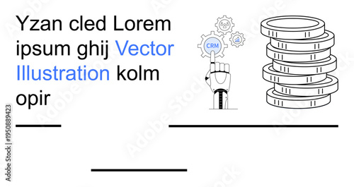 Business management, finance, automation, AI integration, digital solutions, futuristic concepts. A robotic hand interacts with a CRM icon and gears with coins next to it. Business management
