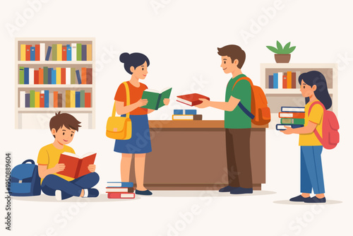 Students reading and borrowing books from a librarian in a library. Flat vector illustration of children studying, learning, and exchanging books at a school or public library reception desk.