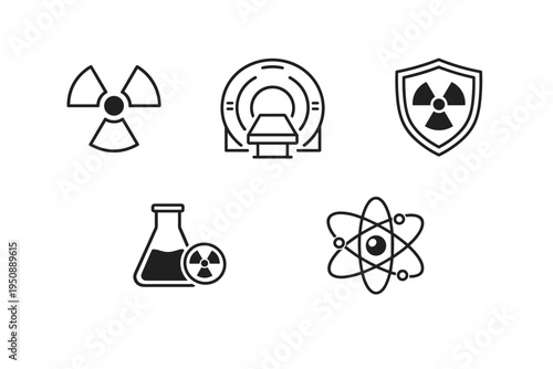 Minimalist Line Icon Set for Nuclear Medicine and Radiation Safety Featuring Radiation Symbol, MRI Scanner, Protective Shield, Radiopharmaceutical Flask, and Atom Model for Healthcare Design