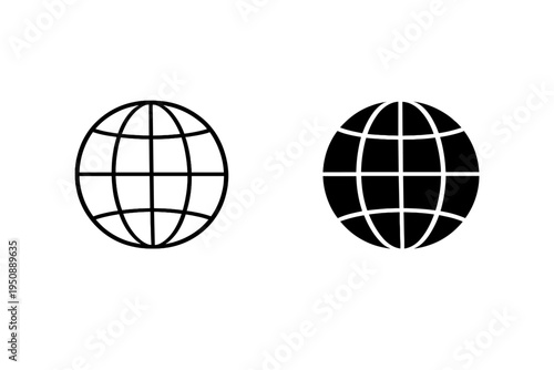 World Globe Icon Set Featuring Black Wireframe Earth Illustration and Solid Planet Symbol. Minimalist Global Logo for World Wide Web, Internet, and International Business on White Background.