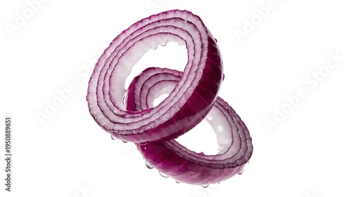 Fresh raw red onion slices twisted in spiral shape on white background