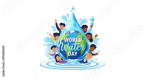 Illustration of World Water Day design with diverse people around a globe and water droplet, promoting water conservation awareness and sustainability concept.