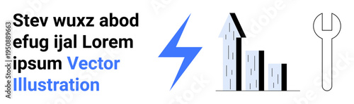 Business development, maintenance strategies, energy solutions, repair services, finance management, industrial tools. Growth graph, lightning bolt wrench. Business development and maintenance