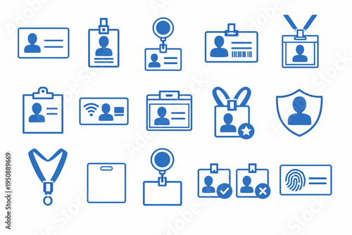 Set of ID Card and Badge Identification Icons. Flat Blue Line Vector Illustration of Name Tags, Employee Identity Cards, Security Access Badges, Lanyards, and Fingerprint ID for Business and Office.