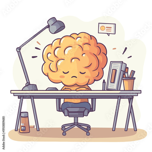 Cartoon illustration of cute unhappy overwork brain character on white color background. Flat doodle style design of burnout and tired brain need rest , vector style simple color
