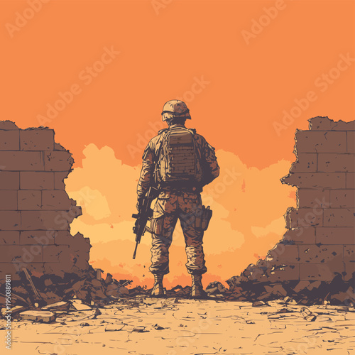 Close-up of a soldier holding a rifle standing and hide behind the debris wall on a battlefield. Military and rescue operation concept. Back view , vector style simple color