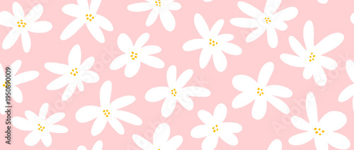 White pink flower seamless pattern background. Cute hand drawn floral repeated wallpaper. Romantic blossom motif for textile print, fabric swatch, dress ornament, wrapping paper. Vector 