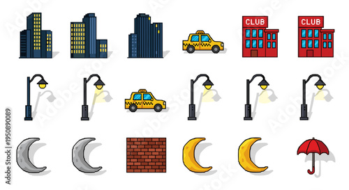 Collection of pixel art icons representing urban elements like skyscrapers streetlights taxi cabs and clubs