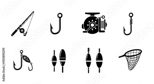 Collection of black and white fishing equipment icons including rod reel hooks floats and net on a white background