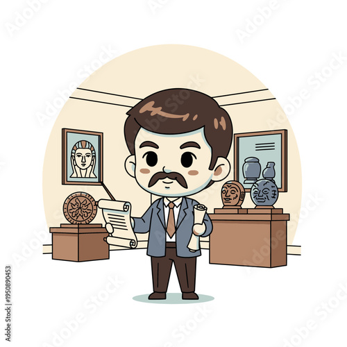 Archaeologist Chibi Character Studying Ancient Artifacts and Historical Documents in a Museum Gallery Exhibit