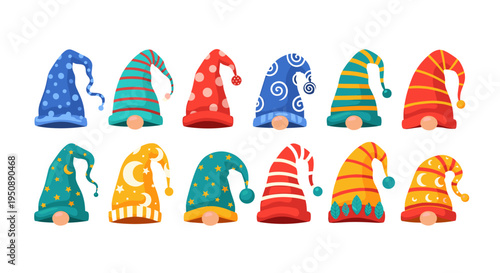 Collection of whimsical gnome hats in various vibrant colors and playful patterns isolated on a clean white background