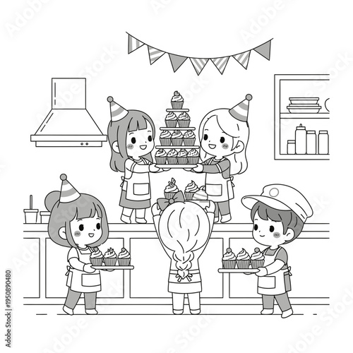 Baking Fun with Happy Chibi Children Preparing Sweet Cupcakes for a Lively Party Celebration