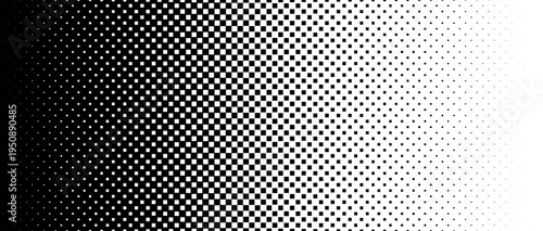 Square pixel halftone gradient texture. Fading checkered gradation wallpaper. Vector repeated raster effect overlay. Abstract vanishing comic pop art backdrop. Black and white squared dot background