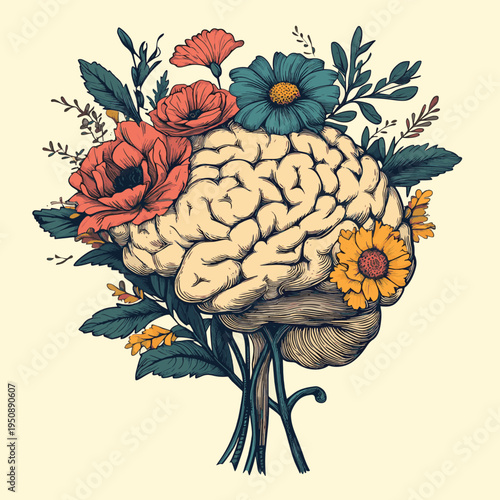 Blooming mind garden surreal illustration of a human brain sprouting colorful flowers and lush foliage symbolizing mental growth creativity and emotional wellbeing