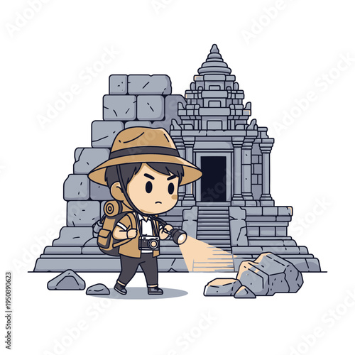 Chibi Explorer Illuminating Ancient Stone Ruins with a Flashlight Discovering Hidden Wonders
