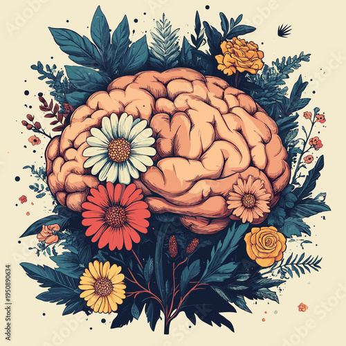 Blooming mind garden surreal illustration of a human brain sprouting colorful flowers and lush foliage symbolizing mental growth creativity and emotional wellbeing