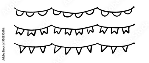 Hand drawn bunting pattern set. Crayon doodled flag garland back. Vector drawn party pennon illustration. Kid sketched celebration flag chains and pennons for birthday decoration, footer, banner