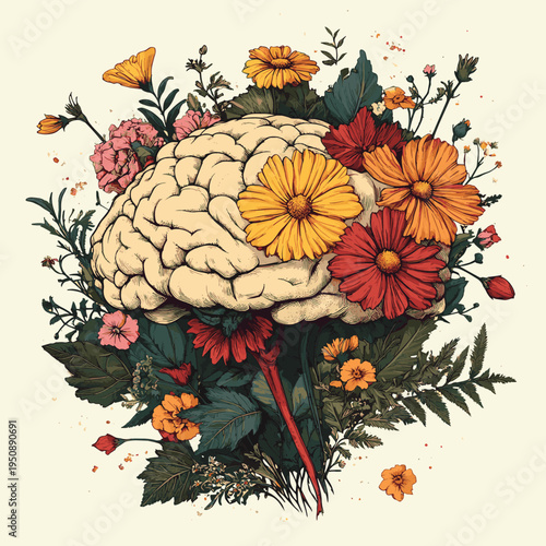 Blooming mind garden surreal illustration of a human brain sprouting colorful flowers and lush foliage symbolizing mental growth creativity and emotional wellbeing