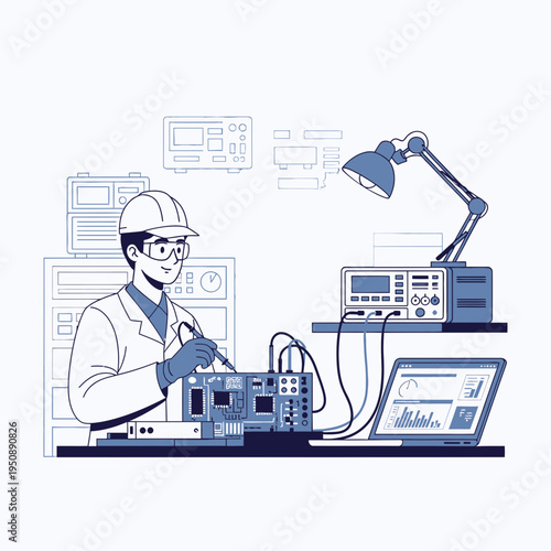Engineer in a Lab Coat and Hard Hat Testing an Electronic Circuit Board with Precision Equipment