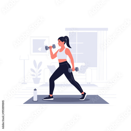 Fitness Woman Doing Home Workout Exercising Lunges with Dumbbells in Her Living Room