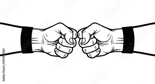 Two clenched fists with black wristbands meeting in the center against a stark white background symbolizing unity