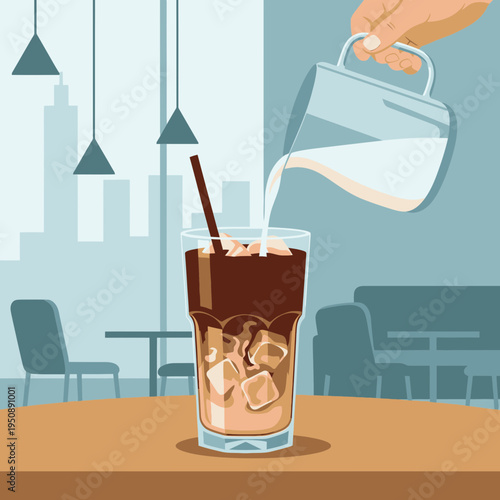 Iced Coffee Being Prepared in a Cafe Setting with Milk Poured into a Tall Glass with Ice