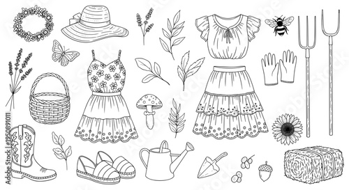 Whimsical hand drawn countryside elements collection boots dresses hats flowers tools and insects for rural lifestyle