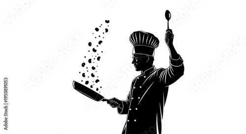 Silhouette chef in traditional uniform expertly flipping food in a pan with a spoon raised high dynamic action shot