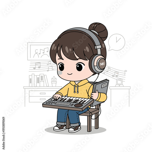 Music Student Playing Electronic Keyboard with Headphones While Learning in a Cozy Studio