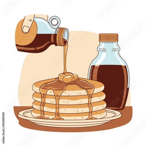 Pancakes Stack with Butter and Delicious Syrup Being Poured from a Bottle Onto the Breakfast Food