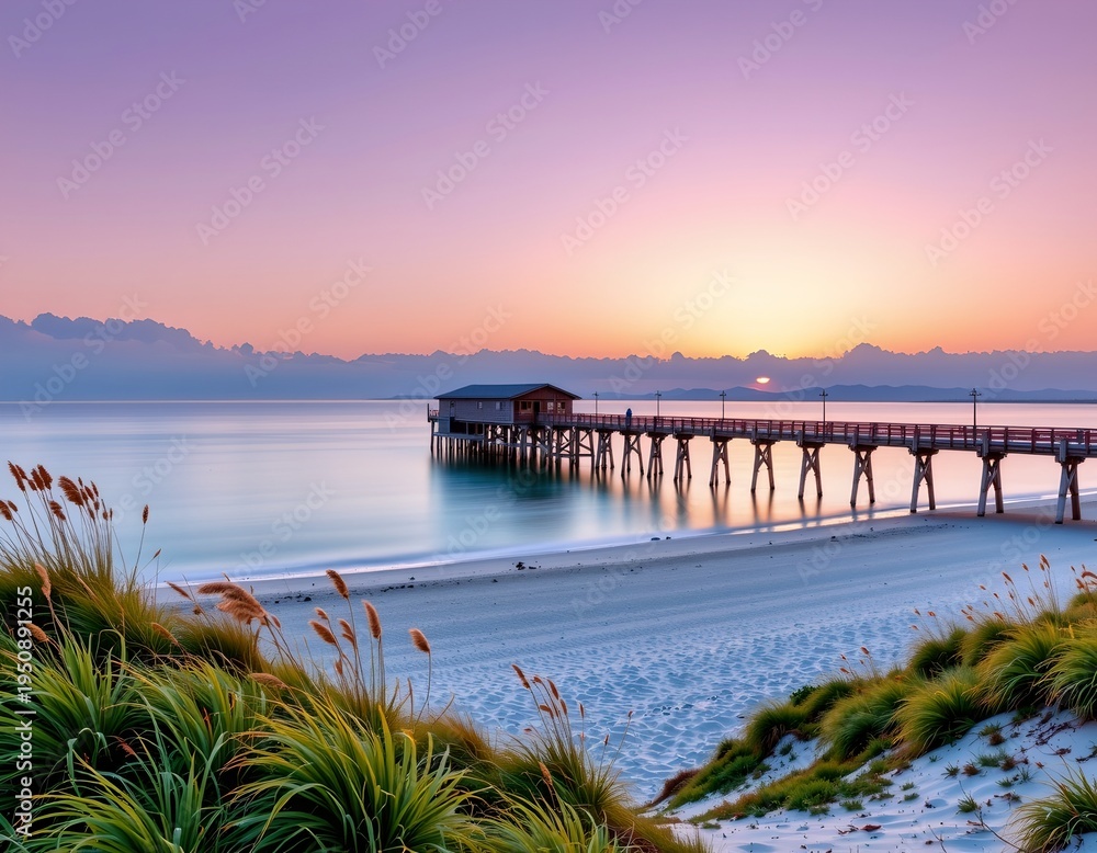 Obraz premium Serene Dawn Coastal Pier with Pastel Sky and Dunes