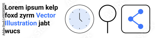 Time management, data analysis, collaboration, teamwork, digital sharing, user interface design. Minimalist icons clock, magnifying glass and digital sharing symbol. Time management and digital