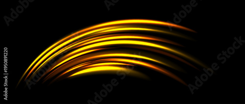 Bright yellow light trail element. Glowing neon speed line waves. Hot golden luminous curved path concept. Abstract bent dynamic motion stripes. Shiny gold streaks for poster, banner, flyer. Vector