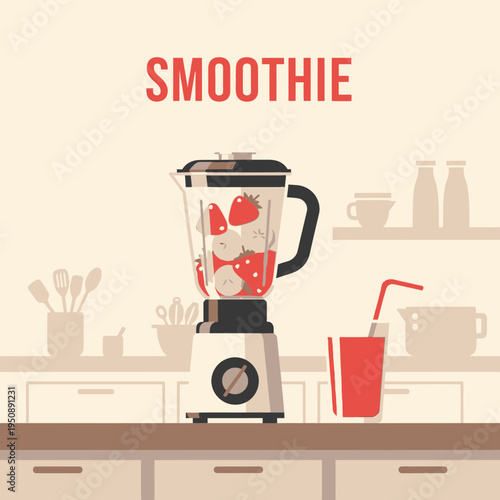 Smoothie Drink with Fresh Strawberries and Bananas in a Blender on a Modern Kitchen Counter