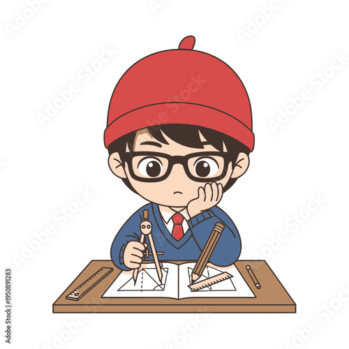 Student Boy in Red Beanie and Glasses Thoughtfully Drawing Geometry with Compass and Ruler