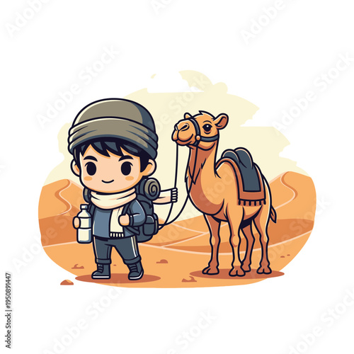 Traveler Leads Cute Chibi Boy and Camel Through Desert Landscape Adventure Illustration