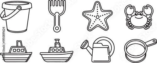 Assorted beach toys and objects for children's play and imagination. Vector