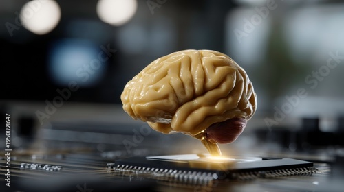 Innovative technology concept brain chip integration in a futuristic lab environment for enhanced cognitive function